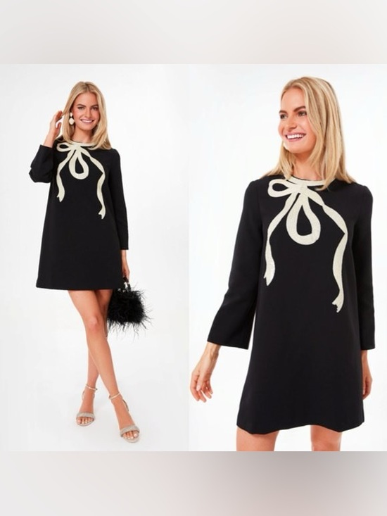 Tuckernuck Dresses & Skirts - Tuckernuck Jamie Long Sleeve Bow Mini Dress Black Sequin Trim Size Small